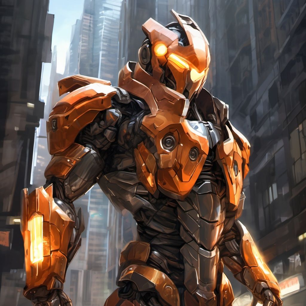 metal, (upper body:1.4), armor, shoulder_armor, hemlet,  male focus, solo,  (realistic:1.5), cityscape, science_fiction, building, glow, orange, (mecha:0.2)