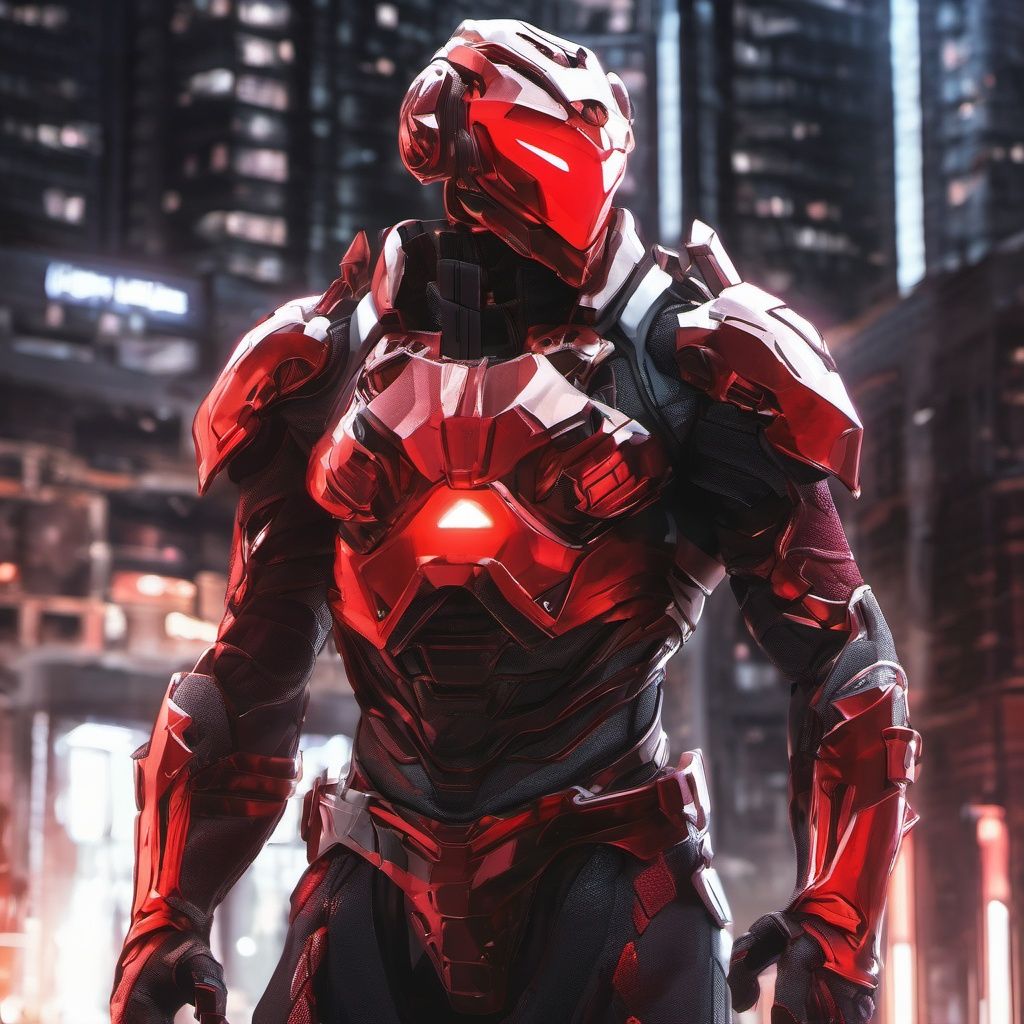 upper body, armor, shoulder_armor, hemlet,  male focus, solo,  realistic:1.5, cityscape, science_fiction, building, glow, metal, red,