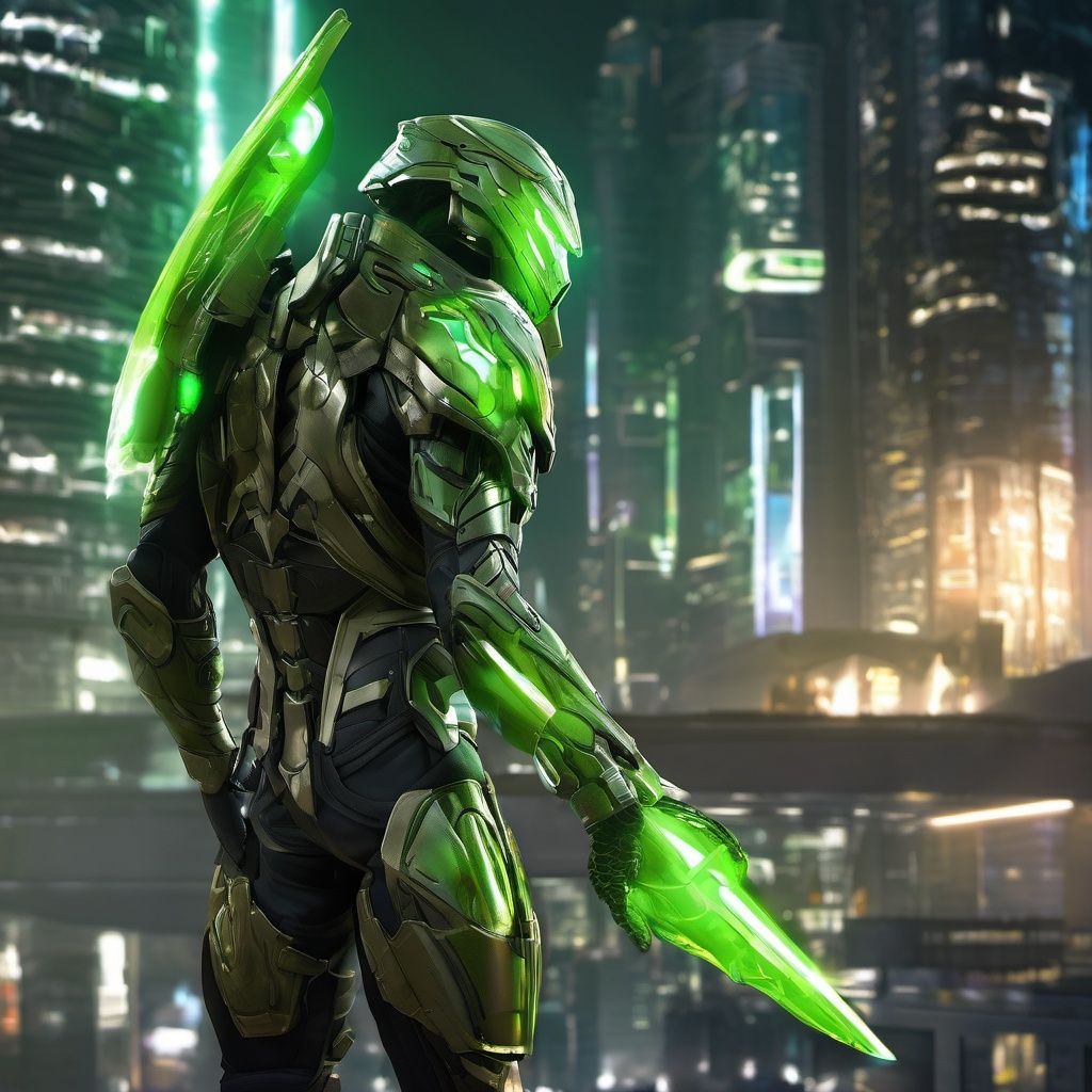 upper body, armor, shoulder_armor, hemlet,  male focus, solo,  realistic:1.5, cityscape, science_fiction, building, glow, metal, green,