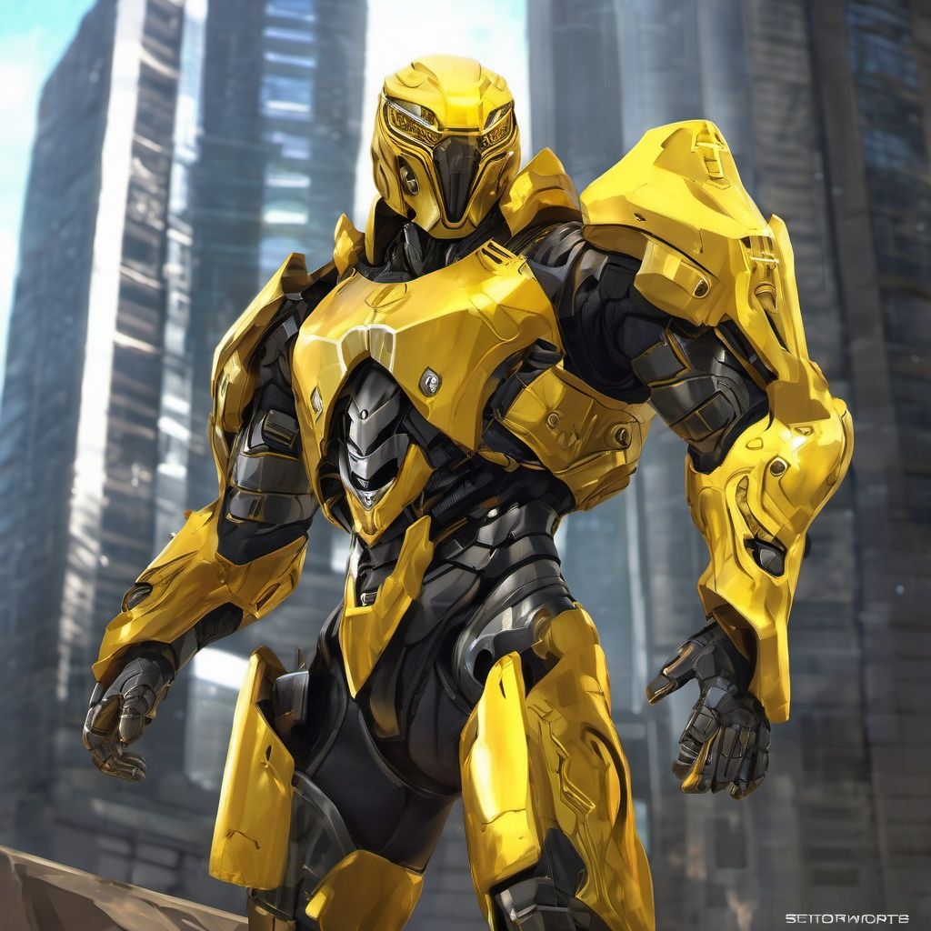 upper body, armor, shoulder_armor, hemlet,  male focus, solo,  realistic:1.5, cityscape, science_fiction, building, glow, metal, yellow,