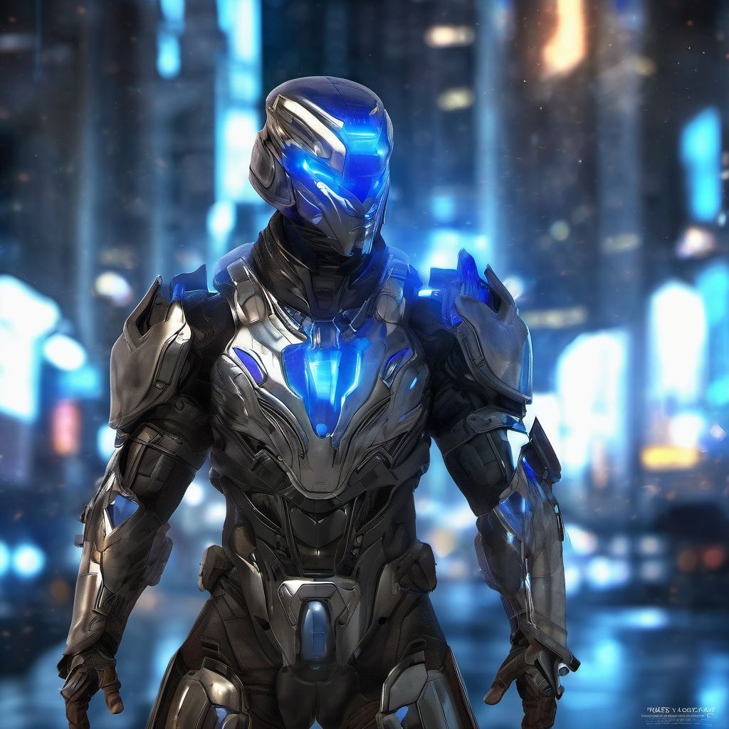 upper body, armor, shoulder_armor, hemlet,  male focus, solo,  realistic:1.5, cityscape, science_fiction, building, glow, metal, blue,