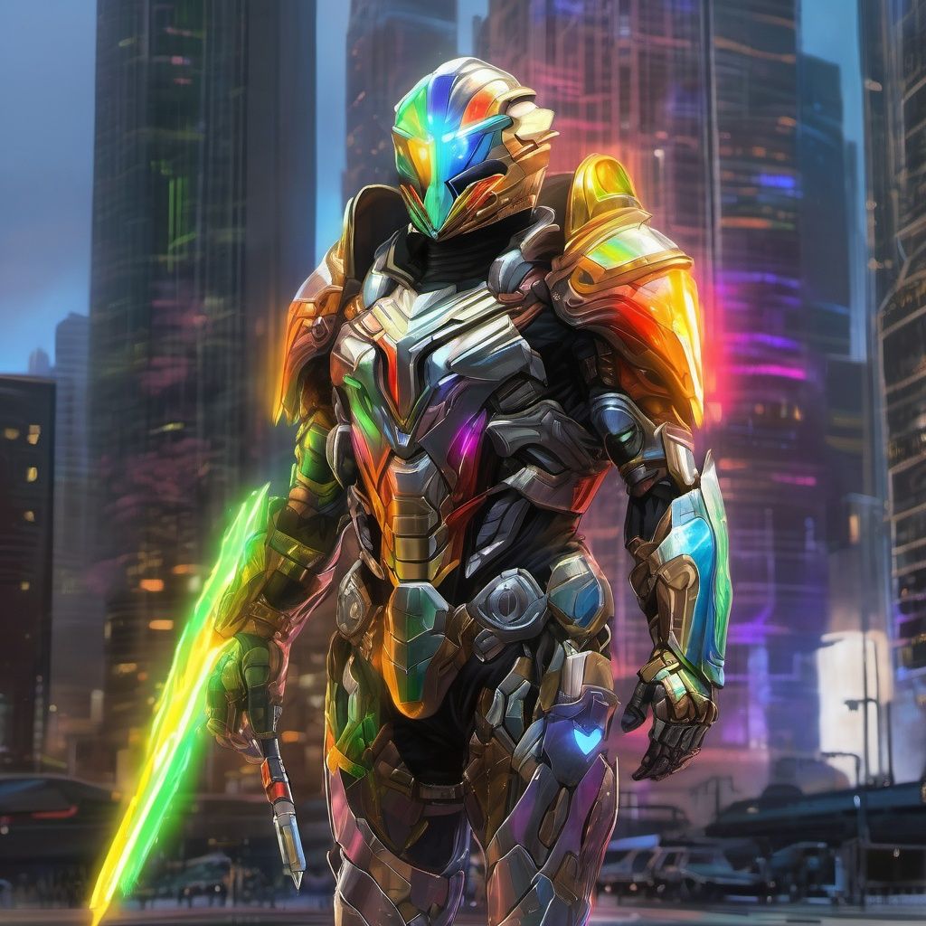 upper body, armor, shoulder_armor, hemlet,  male focus, solo,  (realistic:1.5), cityscape, science_fiction, building, (glow:1.5),  (metal:1.5), (multicolored:1.5), rainbow
