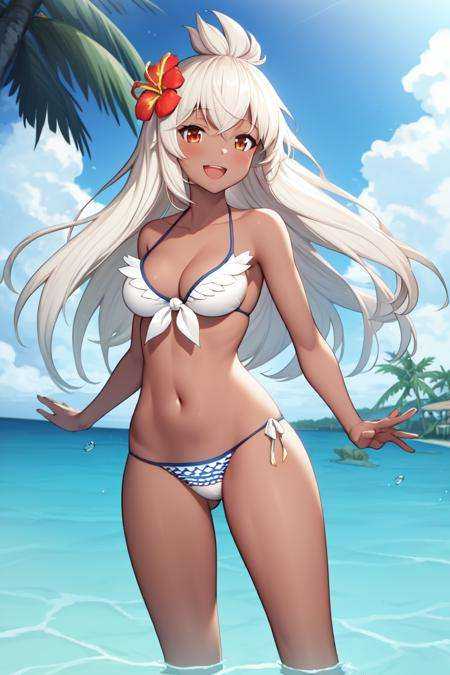 masterpiece, best quality, absurdres, perfect anatomy, 1girl, solo, Zooey, dark skin, ZooeyGrand, long hair, hair flower, white bikini, front-tie top, beach, palm tree, water, (partially submerged), smile, :d, spread arms, cute, dynamic pose