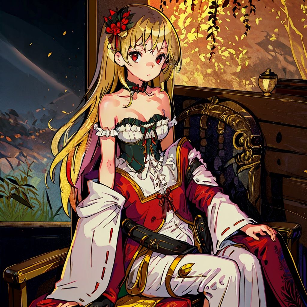 anime,Medium view, girl focus, a girl, sitting sideways on a luxurious chair, hand supporting chin, looking out of the camera, red eyes, detailed engraved picture part, delicate and beautiful face, exotic, mysterious forest, high detail red eyes, wind, wind blowing hair, windward, high detail hair, aristocratic clothing, fluff, golden feathers, epic, masterpiece, wooden, old, golden hair,1girl