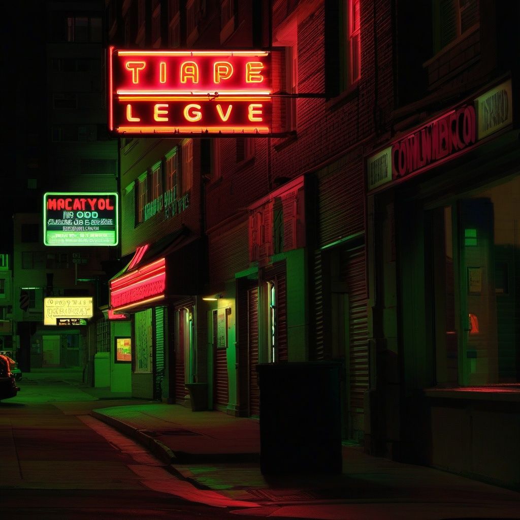  scenery, night, sign, city, squatting, outdoors, neon lights