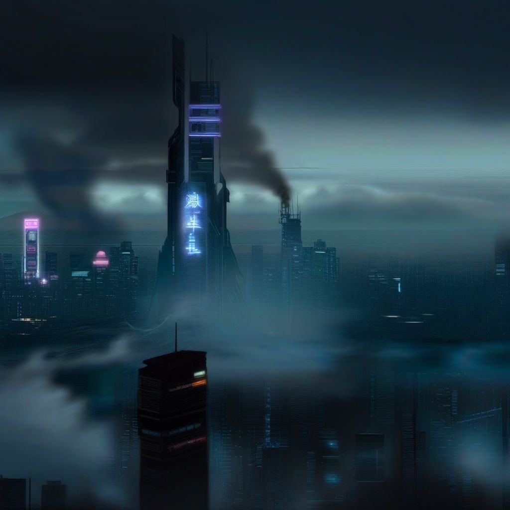 Cyberpunk Concept, no humans, building, city, sky, scenery, cloud, outdoors, skyscraper, smoke, cloudy sky, night, cityscape, aircraft