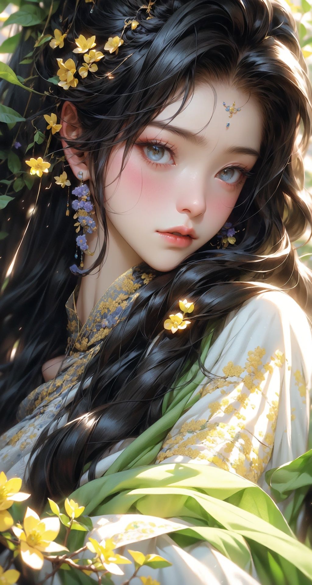 1 girl, upper body portrait close-up, black hair, flowing hair, hazy beauty, extremely beautiful facial features, yellow embroidered dress, hairpins on the head, lying in a bush, purple flowers, (spring, rainy days, terraces, mountains), simple vector art, contemporary Chinese art, soft light, layered form, overlook, <lora:EMS-1495-EMS:0.8>, <lora:EMS-10592-EMS:1>