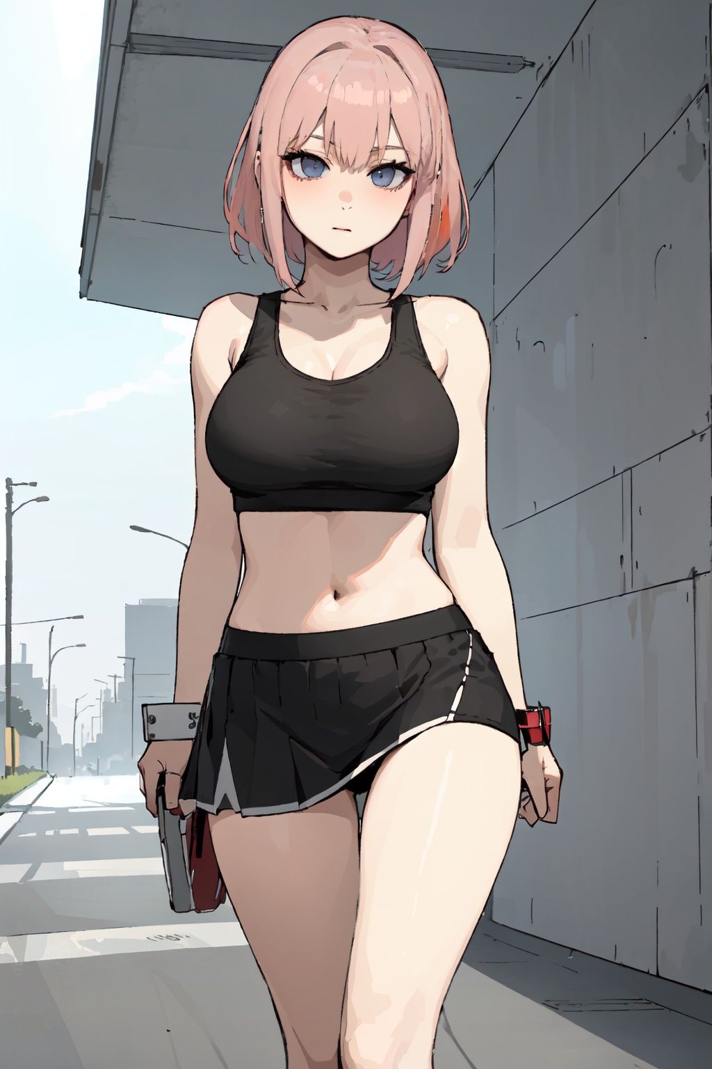masterpiece, best_quality, 1girl, solo, **** top, lowleg skirt, pink hair, large breasts, limp body, under a bridge