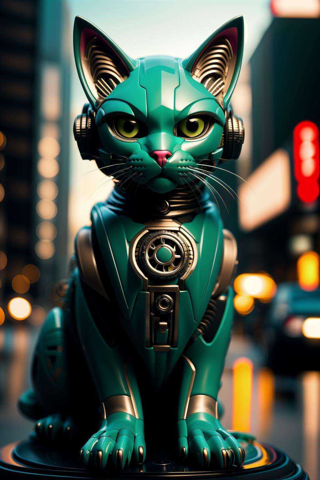 sleek black stealth mechanical cat,car,  cyberpunk city in background, <lora:Mechanicalcat:0.7>