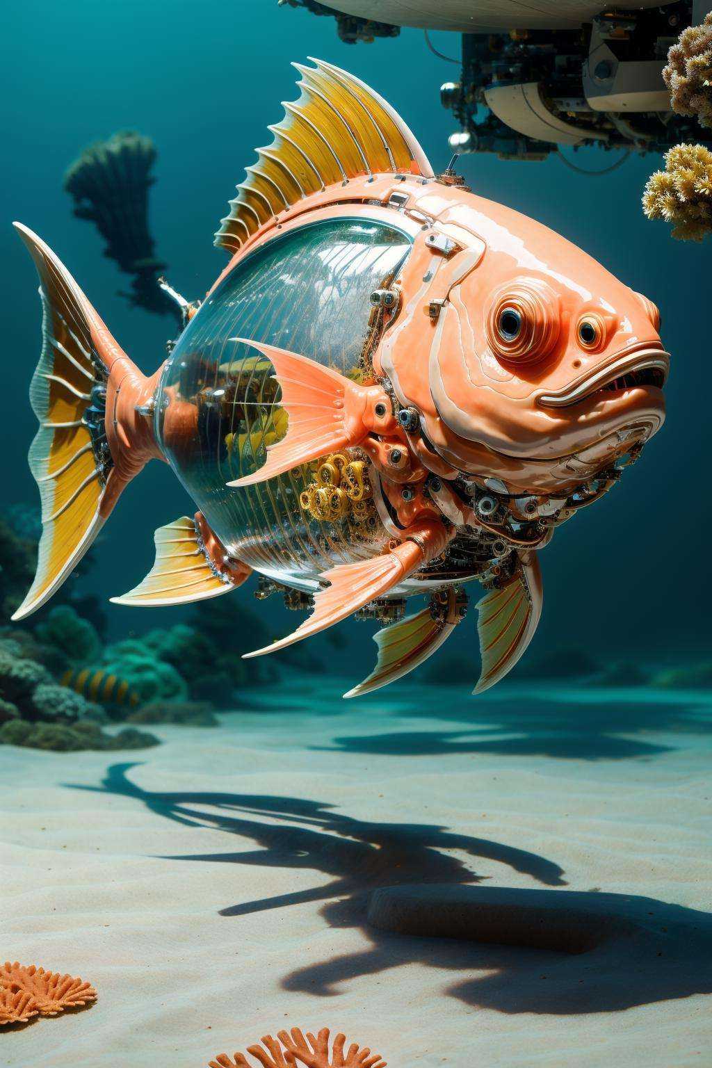 ((masterpiece)), ((best quality)), 8k, high detailed, ultra-detailed,(sleek stealth),<lora:Mechanicalfish:0.8>,Mechanical fish, Abundant marine life,(Coral reefs:1.5),(Deep Sea:1.5),(Mechanical parts:1.3), (transparent:1.5)