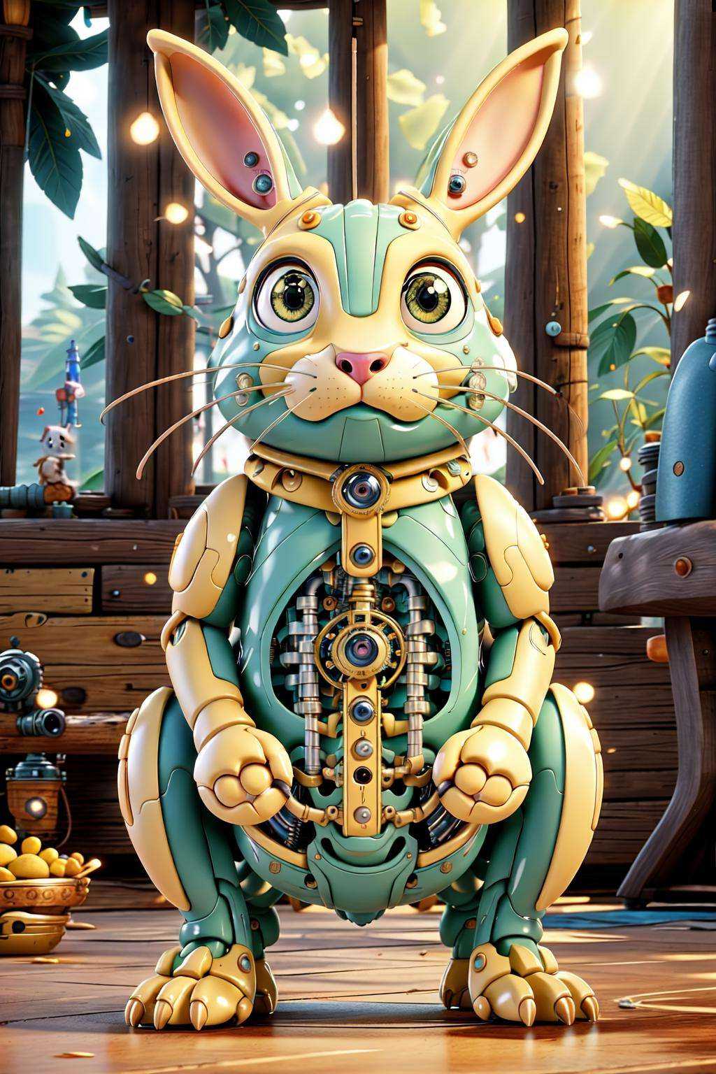 ((masterpiece)), ((best quality)), 8k, high detailed, ultra-detailed, A mechanical rabbit, harmoniously integrated into the beauty of nature, capturing the balance between technology and the environment, ((nature)), ((harmonious integration)), ((technology and environment balance)),  gear mechanisms, under the tree,light rays,<lora:Mechanicalrabbit:0.7>