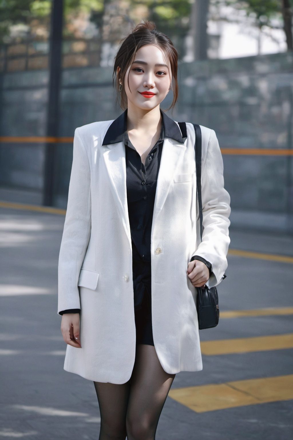masterpiece, best quality,1 girl,asian,streetgirl,(happy,smile), <lora:streetgirl_8glora:0.8>,full body,white shirt,open coat, black_pantyhose(Kpop idol), (aegyo sal:1), ((puffy eyes)), eyeshadow,(red lipstick:0.8),eyelashes: 0.4,(bright eyes:1),light blush, (aegyo sal:1),(large breasts:1.4), perfect anatomy,modelshoot style,tall_female, beautiful_legs,(huge ass:1.3), (curvy, thicc:1.3),(film_grain:1.4), RAW, highres, (1 girl,solo:1.6), (detailed face:1.2), (small head),((perfect eyes)),((perfect face)), (details:1.4), (high detailed skin:1.2),(extremely detailed CG unity 8k wallpaper), photo of the most beautiful artwork in the world, trending on ArtStation, trending on CGSociety, Intricate, High Detail, Sharp focus, dramatic