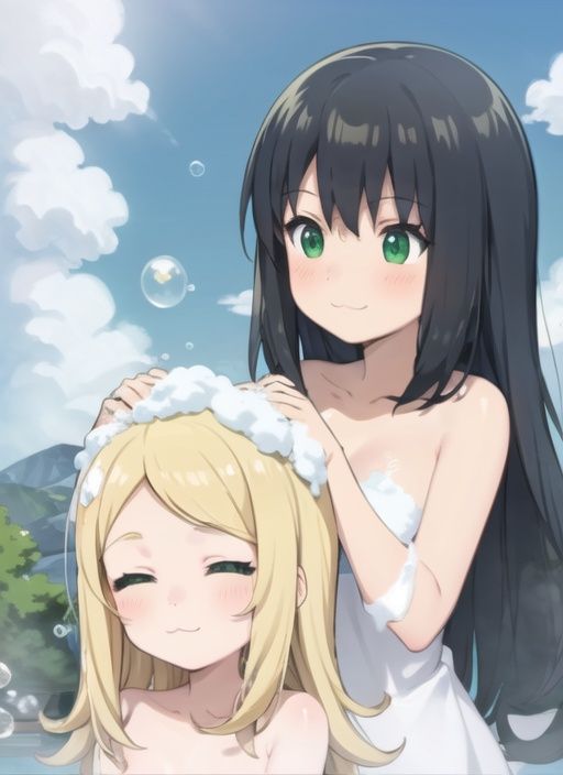 2girls,  anime washing_hair,  long hair on Tensor.Art