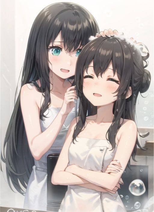 2girls,  anime washing_hair,  long hair on Tensor.Art