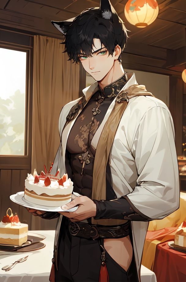 masterpiece,best quality,male focus,(manly),masculine appeal, handsome face,finely detailed eyes and face, youthful face,(solo),(alone),cowboy shot, detailed eyes, Perfect features,((((17-year-old male)))),narrow waist,1boy,Depth of field,xiaoyi,1boy,1boy,animal ears,cake,food,fox boy,fox ears,holding,holding cake,holding food,long sleeves,looking at viewer,male focus,mid-autumn festival,mooncake,short hair,solo,black hair,green eyes,<lora:效果肌肉滑块muscle_slider_v1:2> <lora:角色萧逸xiaoyi-000006:0.6:MIDD>