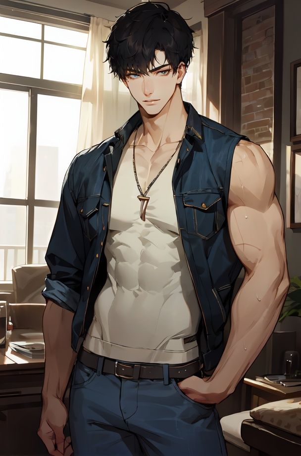 masterpiece,best quality,male focus,(manly),masculine appeal, handsome face,finely detailed eyes and face, youthful face,(solo),(alone),cowboy shot, detailed eyes, Perfect features,((((17-year-old male)))),narrow waist,1boy,Depth of field,xiaoyi,1boy,1male,solo,black_hair, denim, jacket, jewelry, lips, necklace, realistic, short_hair, solo, ****_top, <lora:效果肌肉滑块muscle_slider_v1:2> <lora:角色萧逸xiaoyi-000006:0.6:MIDD>