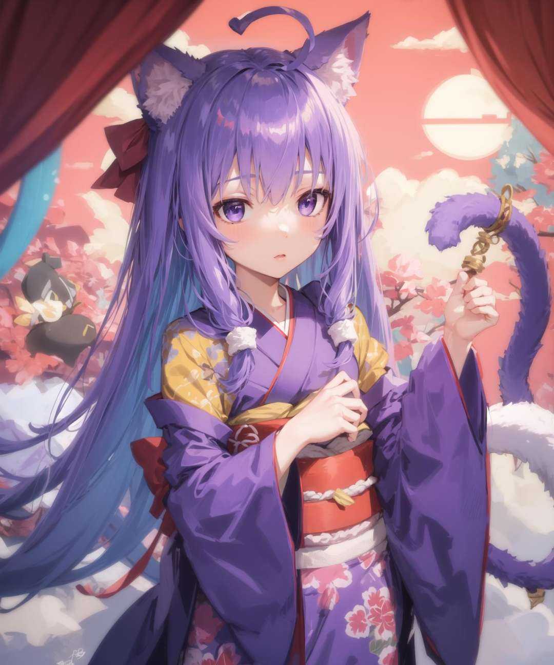 masterpiece,high quality,Tsumiki,1girl, solo, long_hair, blue_eyes,very_long_hairpurple_eyes, tail, purple_hair, ahoge,cat_ears, signature, chibi, cat_tail, low-tied_long_hair,kimono,, <lora:EMS-836-EMS:0.8>