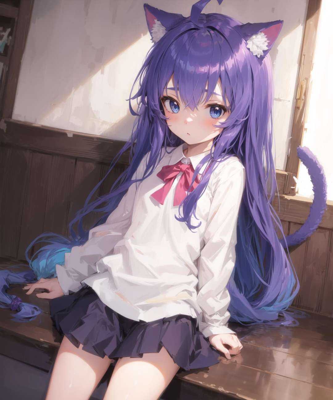 masterpiece,high quality,Tsumiki,1girl, solo, long_hair, blue_eyes, very_long_hair, purple_hair, ahoge,cat_ears, low-tied_long_hair,loli,child,, <lora:EMS-836-EMS:0.8>