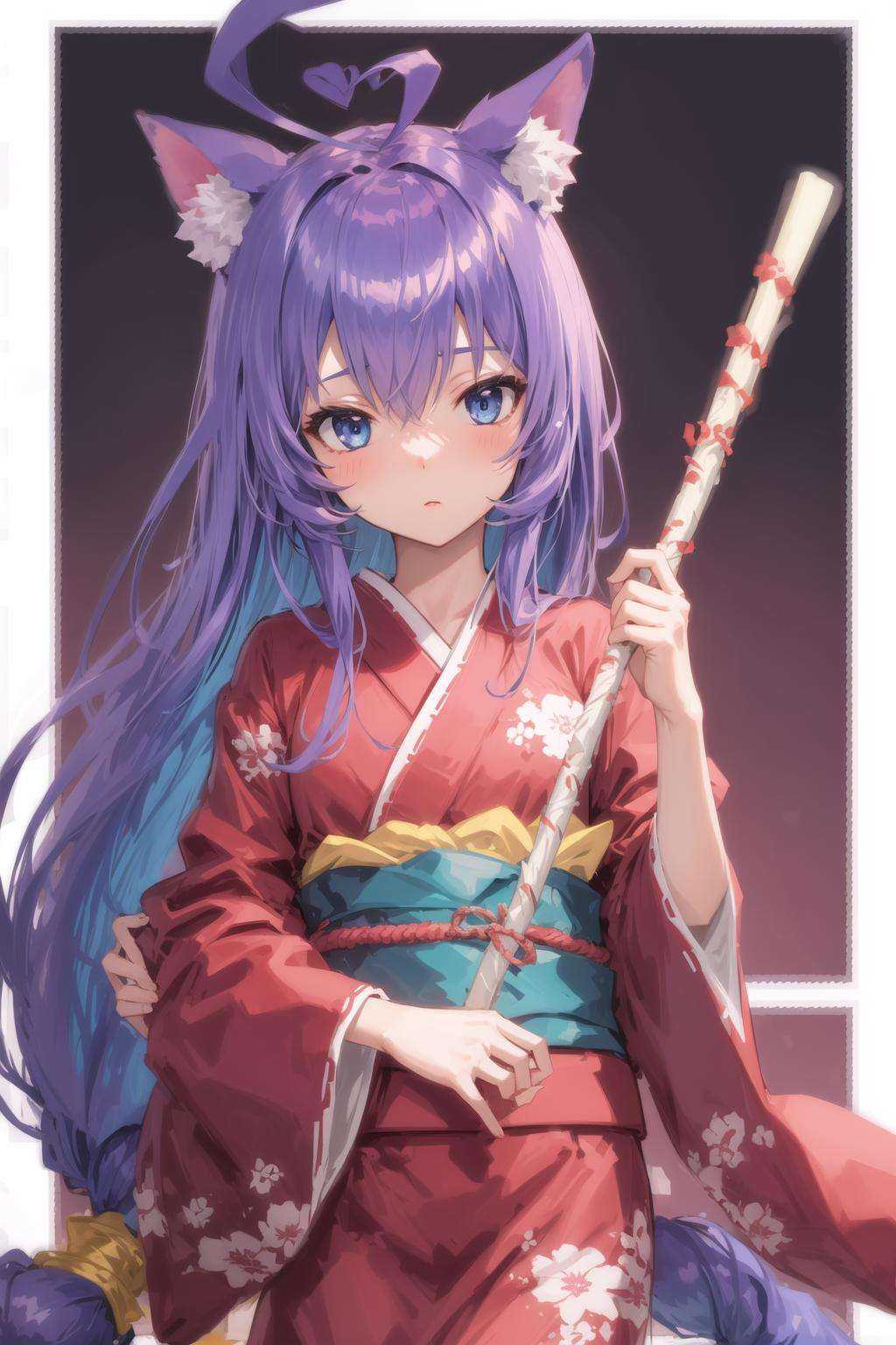 masterpiece,high quality,Tsumiki,1girl, solo, long_hair, blue_eyes, very_long_hair, purple_hair, ahoge,cat_ears, low-tied_long_hair,red kimono,, <lora:EMS-836-EMS:0.8>