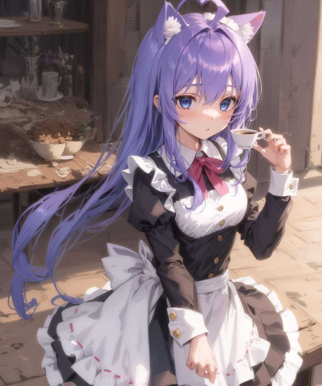 masterpiece,high quality,Tsumiki,1girl, solo, long_hair, blue_eyes, very_long_hair, purple_hair, ahoge,cat_ears, low-tied_long_hair,maid,maid custome,cafe,, <lora:EMS-836-EMS:0.8>