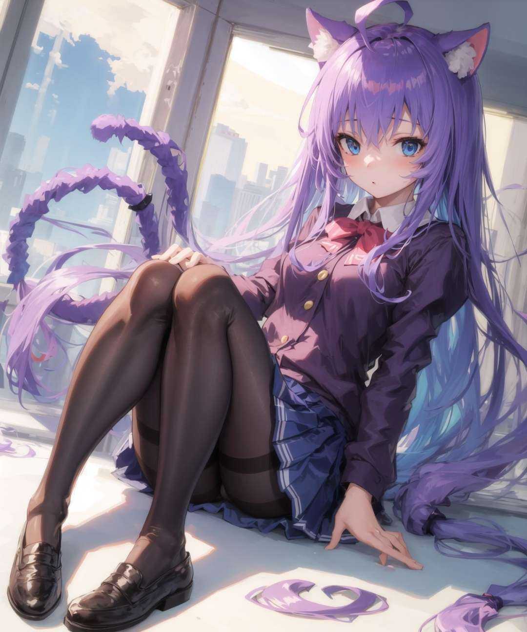 masterpiece,high quality,Tsumiki,1girl, solo, long_hair, blue_eyes, very_long_hair, school_uniform, purple_hair, ahoge, pantyhose, pleated_skirt, cat_ears,black_pantyhose, low-tied_long_hair,, <lora:EMS-836-EMS:0.8>