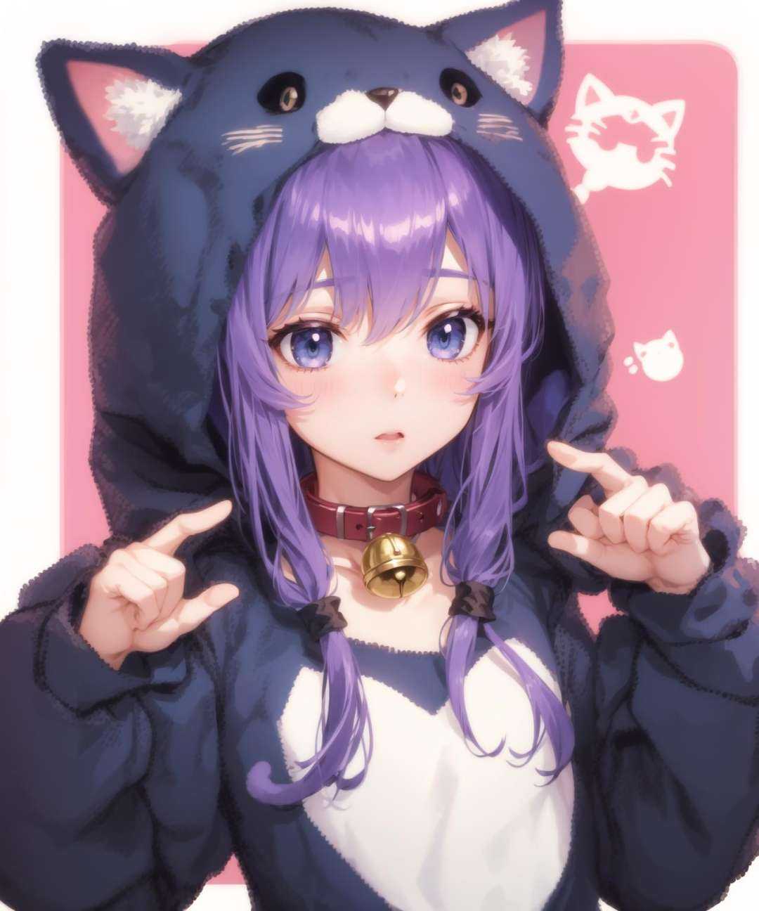 masterpiece,high quality,Tsumiki,1girl, solo, long_hair, blue_eyes, very_long_hair, purple_hair,(cat costume:1.2),upper body,bell,collar,, <lora:EMS-836-EMS:0.8>