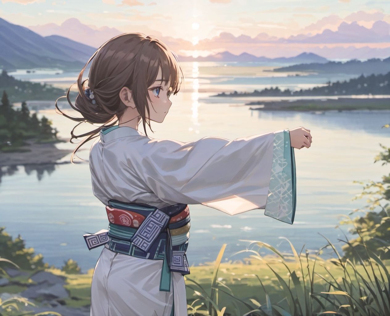 1girl, beach, blue_sky, blurry, brown_hair, cloud, cloudy_sky, day, depth_of_field, diffraction_spikes, evening, field, from_side, grass, hair_ornament, hill, horizon, japanese_clothes, kimono, lake, landscape, lens_flare, long_hair, mountain, mountainous_horizon, obi, ocean, outdoors, pond, profile, river, sash, scenery, shore, sky, solo, standing, sun, sunlight, sunrise, sunset, twilight, water, waves, white_kimono, wind