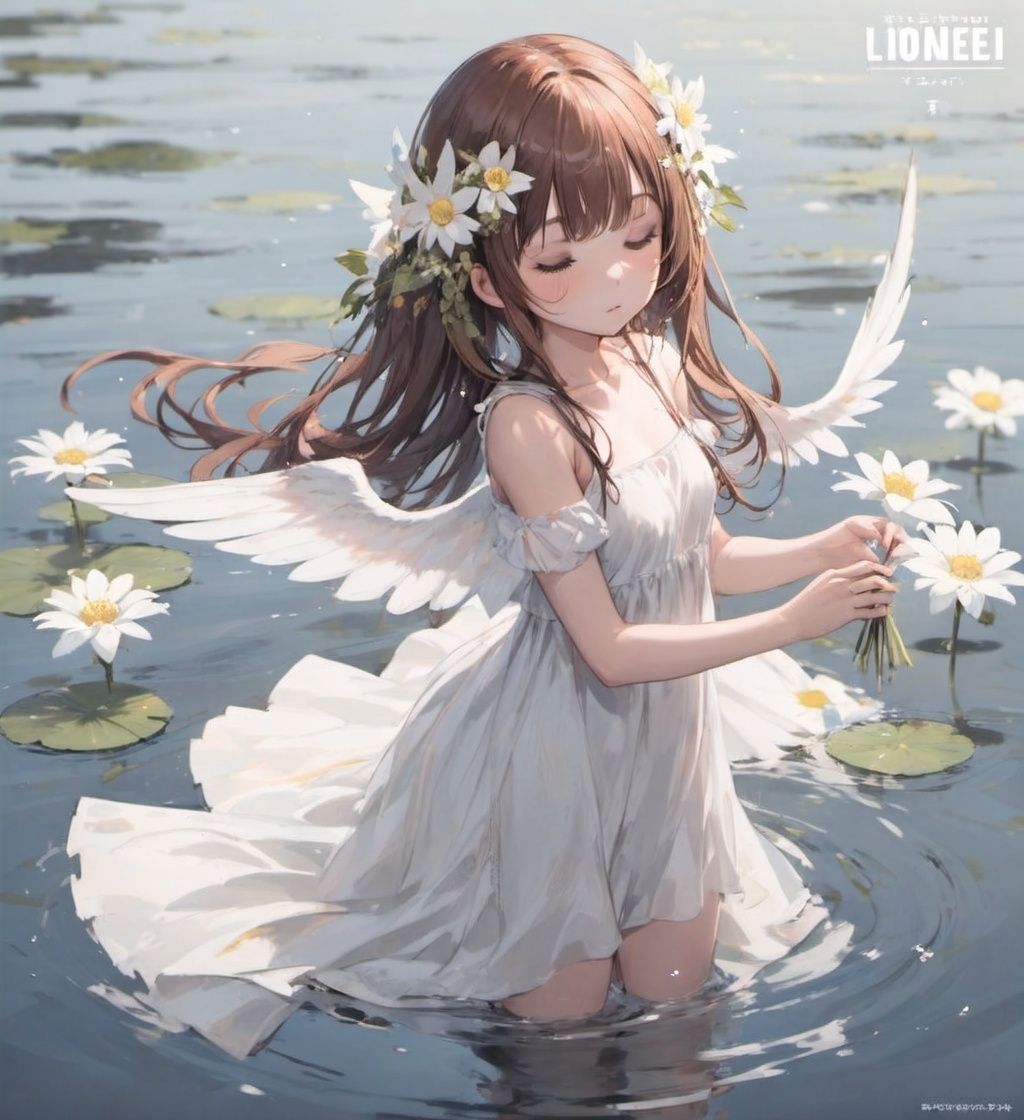 1girl,flower,dress,solo,brown hair,wings,water,holding,white dress,closed eyes,holding flower,white flower,barefoot,ripples,fairy wings,ribbon,hair ornament,bangs,full body,
