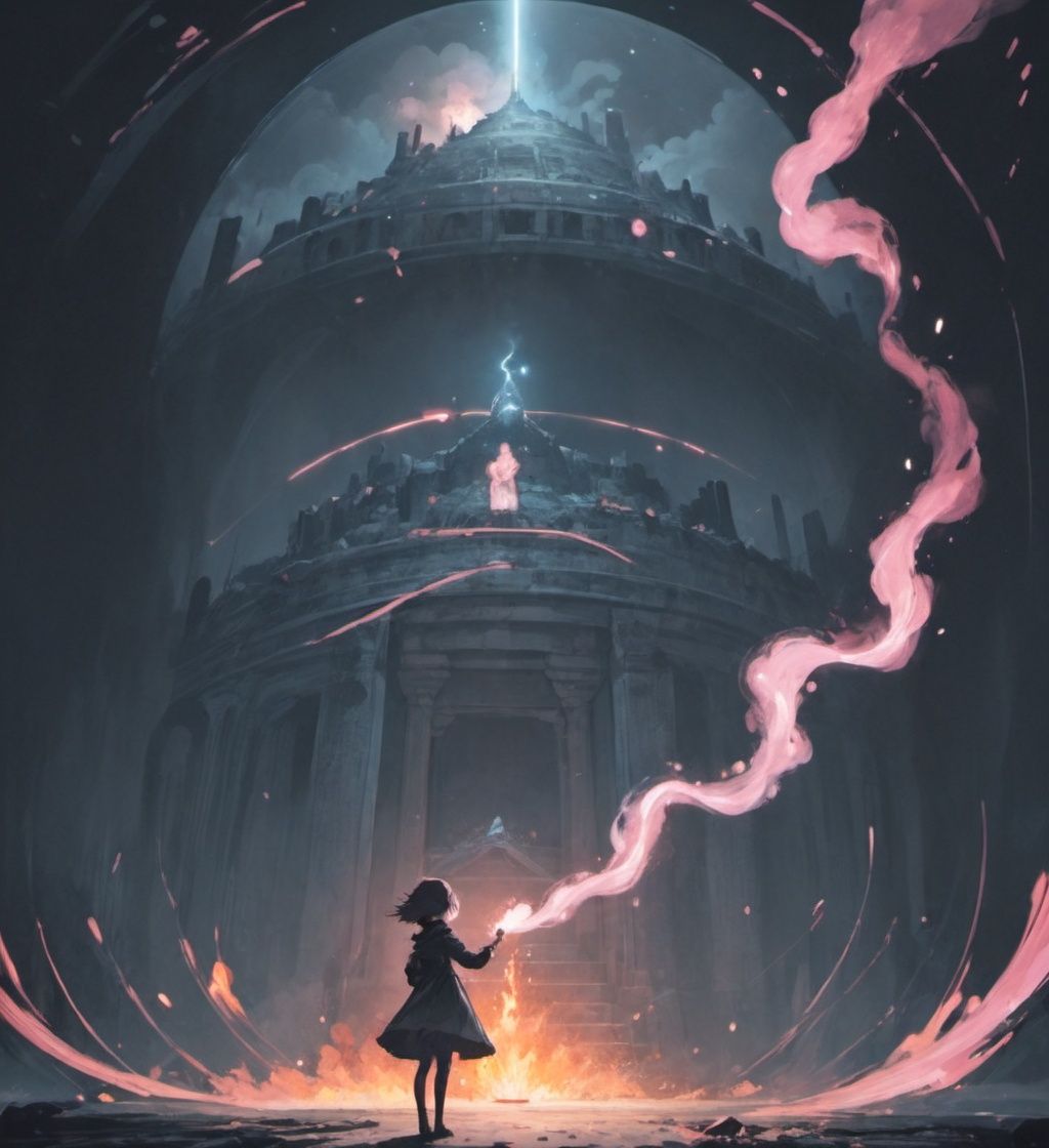an illustration of a girl surrounded by fire, smoke and a space with a small square image, in the style of dynamic anime, light black and pink, 32k uhd, fantastical ruins, nobuo sekine, repetition, horizons