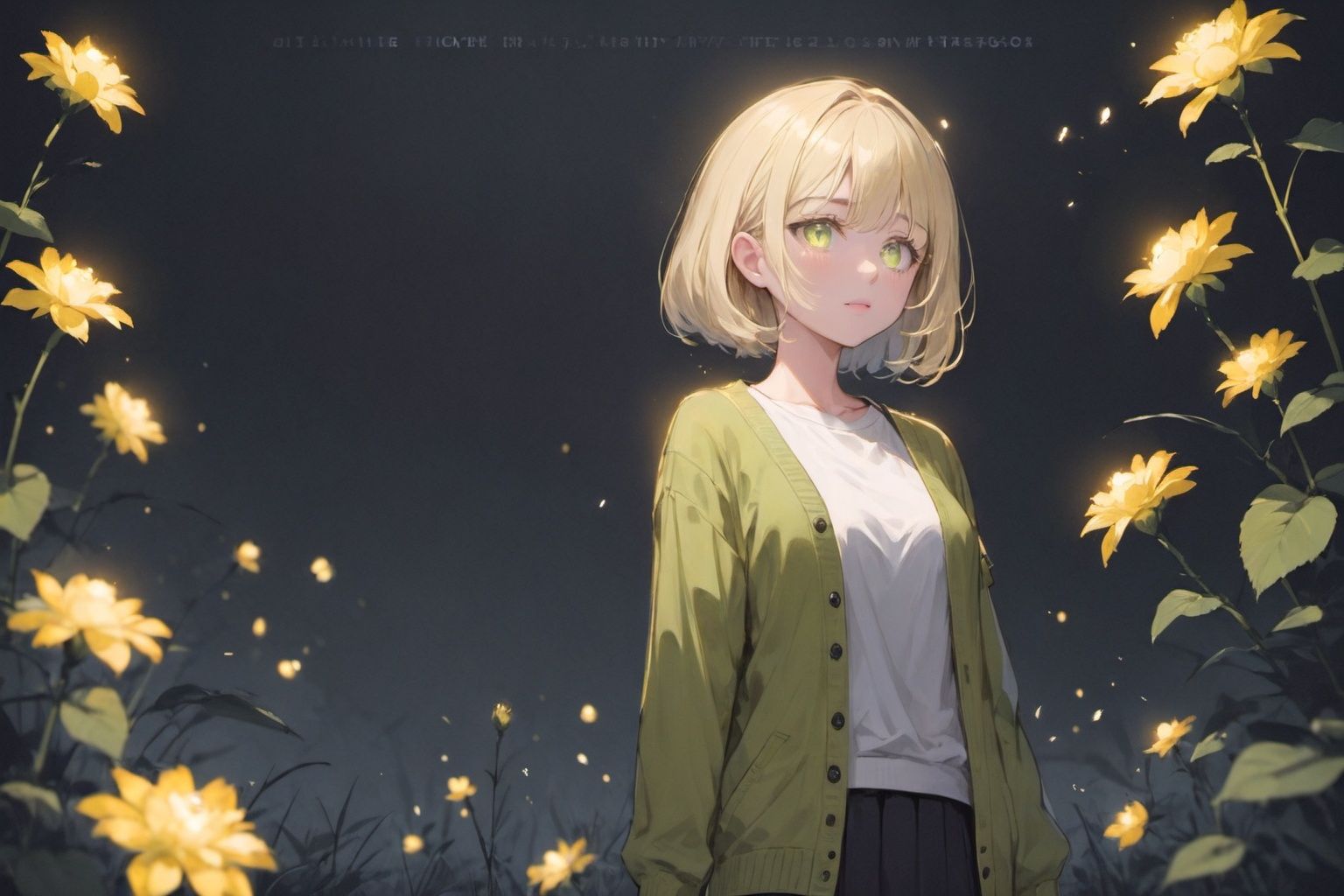 face focus, masterpiece, best quality, 1girl white roses, petals, night background, fireflies, light particle, solo, blonde hair, green eyes, yellow cardigan, standing, pixiv, depth of field, cinematic compotision, best lighting, looking up