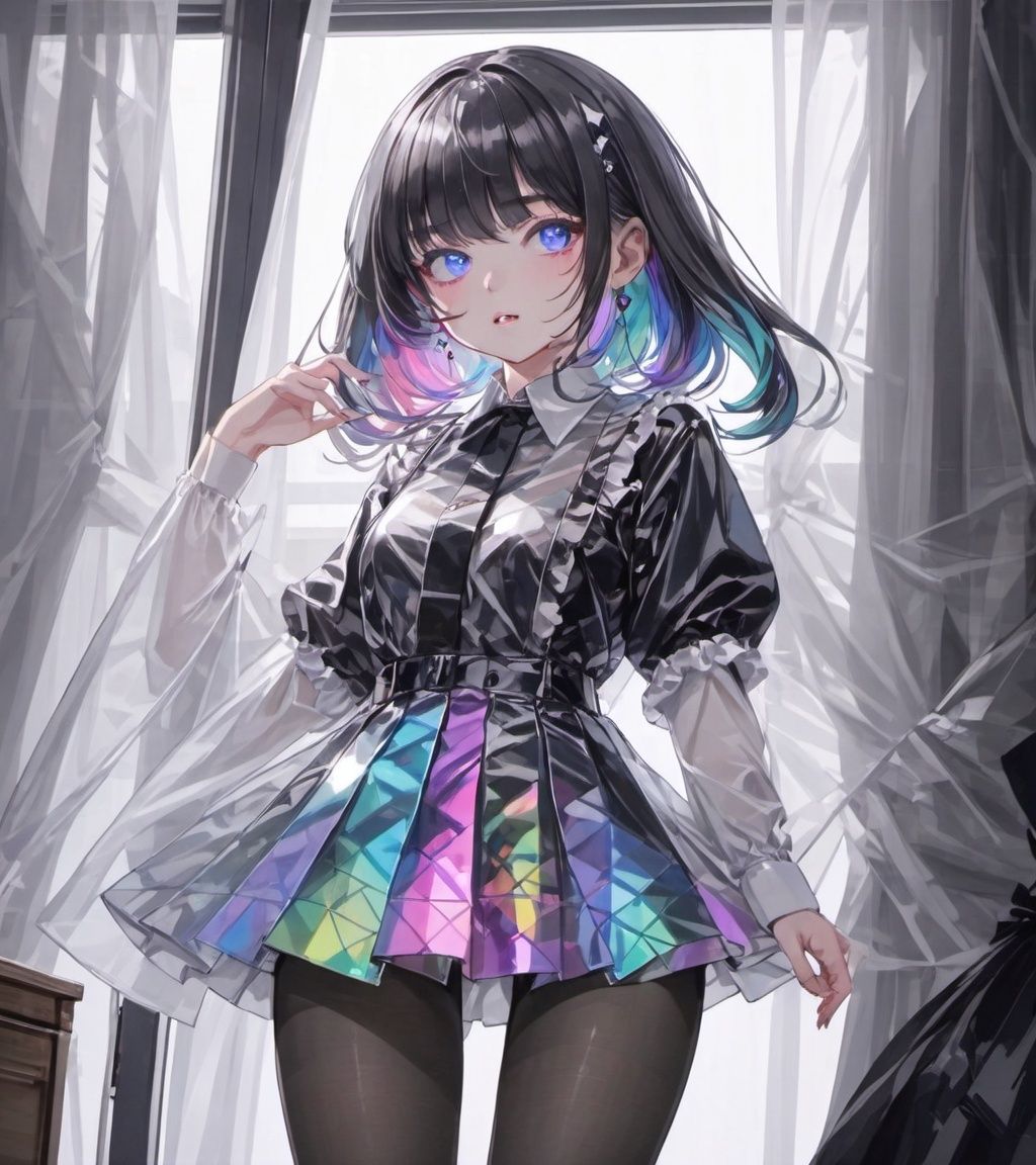 transparent color PVC clothing,transparent color vinyl clothing,prismatic,holographic,chromatic aberration,fashion illustration,masterpiece,girl with harajuku fashion,looking at viewer,beautiful eyes,8k,ultra detailed,pixiv,upper body,Black silk,Black pantyhose,
