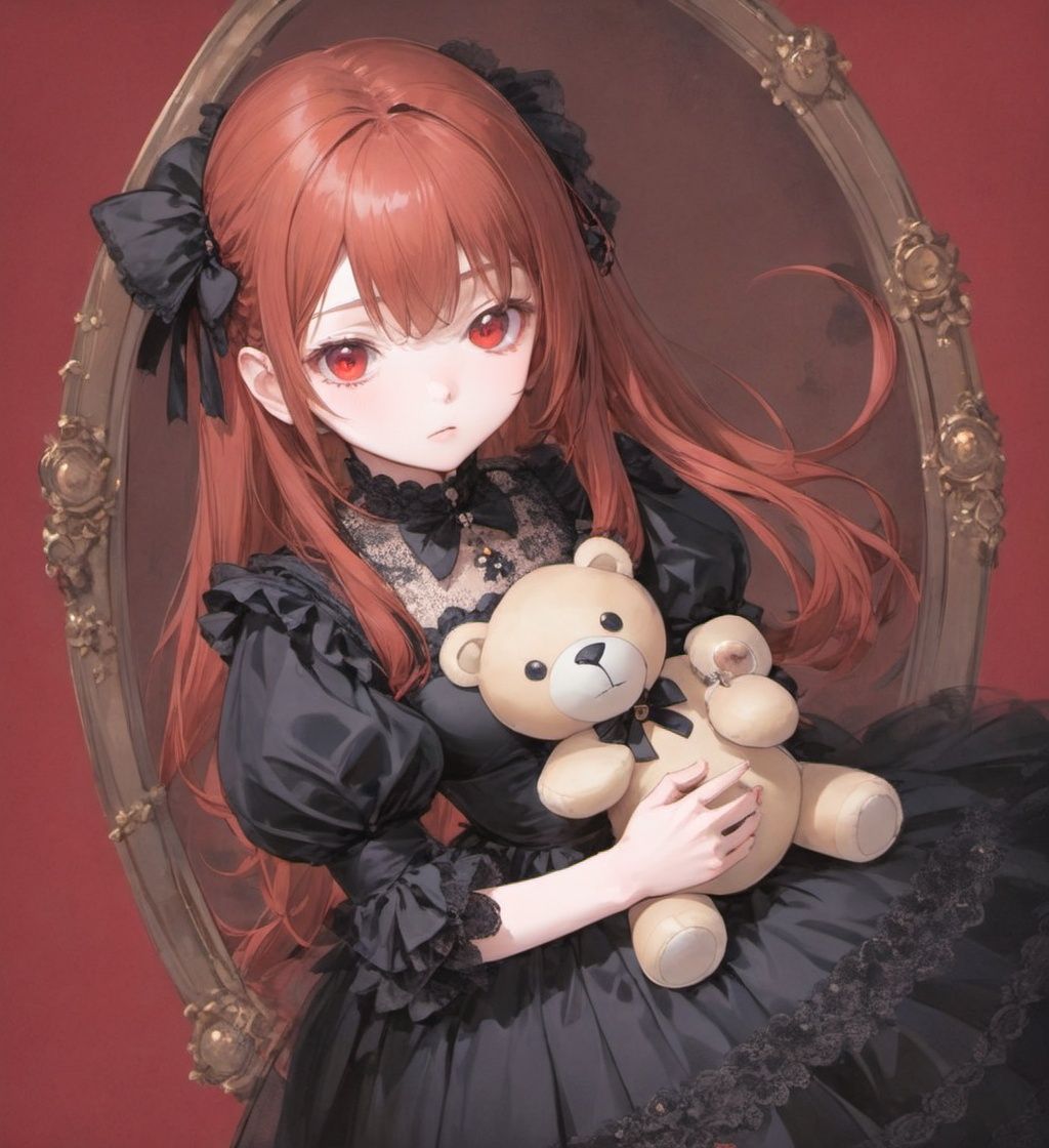 red background, close up, masterpiece, best quality, solo, red hair, 1girl holding teddy bear, from above, cute, gothic dress, looking at viewer, pixiv, depth of field