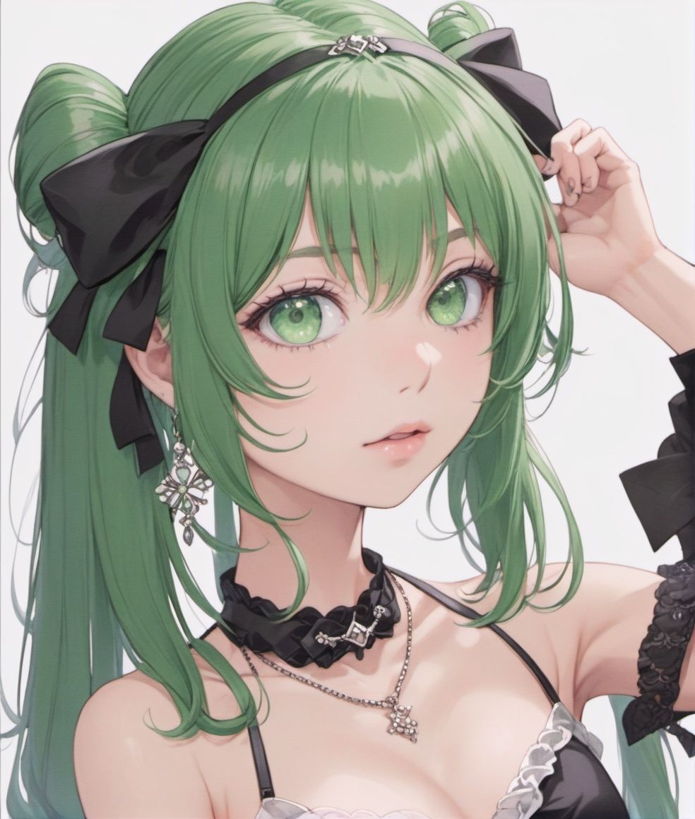 1girl, solo, green eyes, hair over one eye, choker, green hair, long hair, upper body, parted lips, looking at viewer, hair ornament, cropped torso, ponytail, bow, detached sleeves, breasts, bangs, asymmetrical bangs, tiara, vest, bare shoulders, halterneck, black choker, jewelry