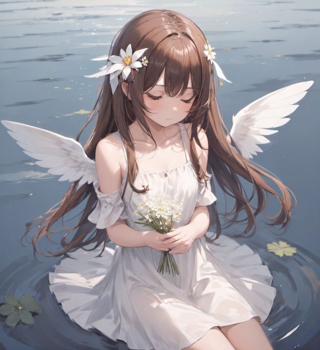 style art ohisashiburi, 1girl, flower, dress, solo, brown hair, wings, water, holding, white dress, closed eyes, holding flower, white flower, barefoot, ripples, fairy wings, ribbon, hair ornament, bangs, full body