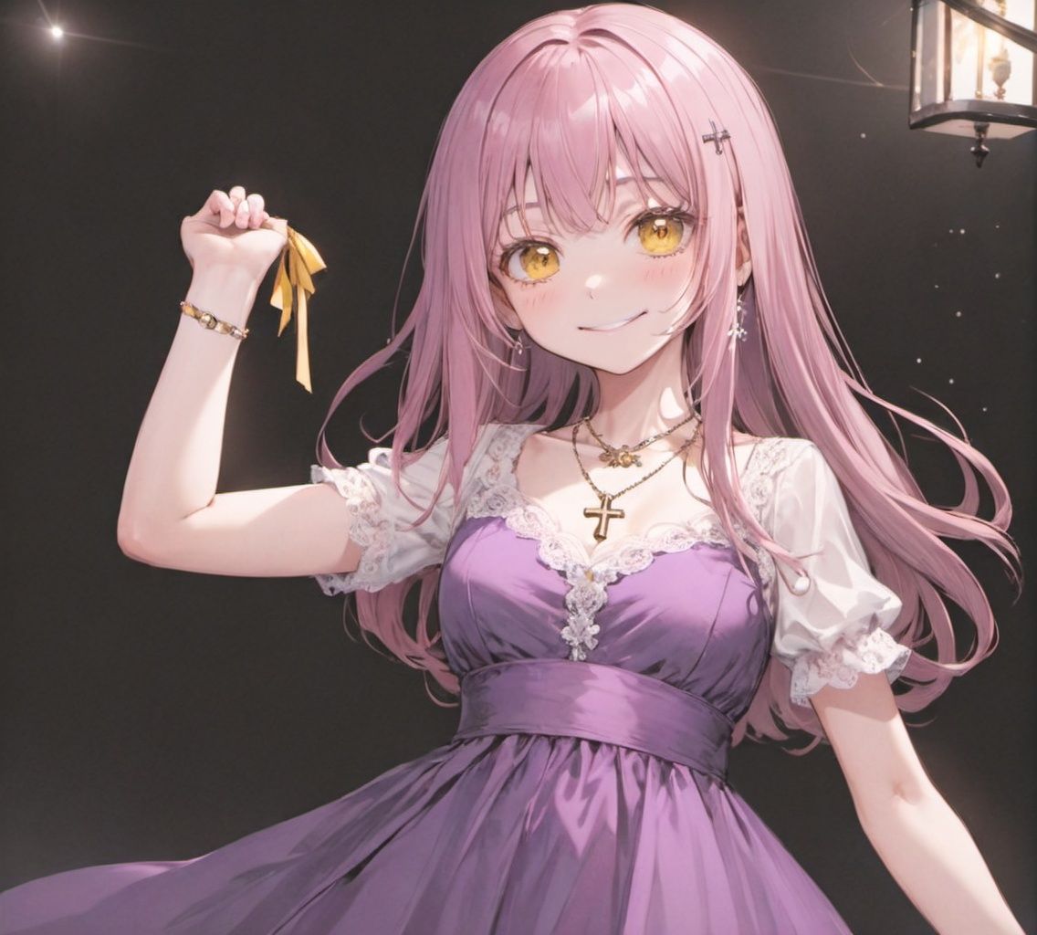1girl, cross, solo, dress, long hair, ahoge, pink hair, hair ornament, cross necklace, purple dress, jewelry, necklace, smile, hairclip, open mouth, very long hair, looking at viewer, short sleeves, own hands together, ribbon, long dress, own hands clasped, wind, yellow eyes, :d, floating hair, brown eyes, lace-trimmed dress