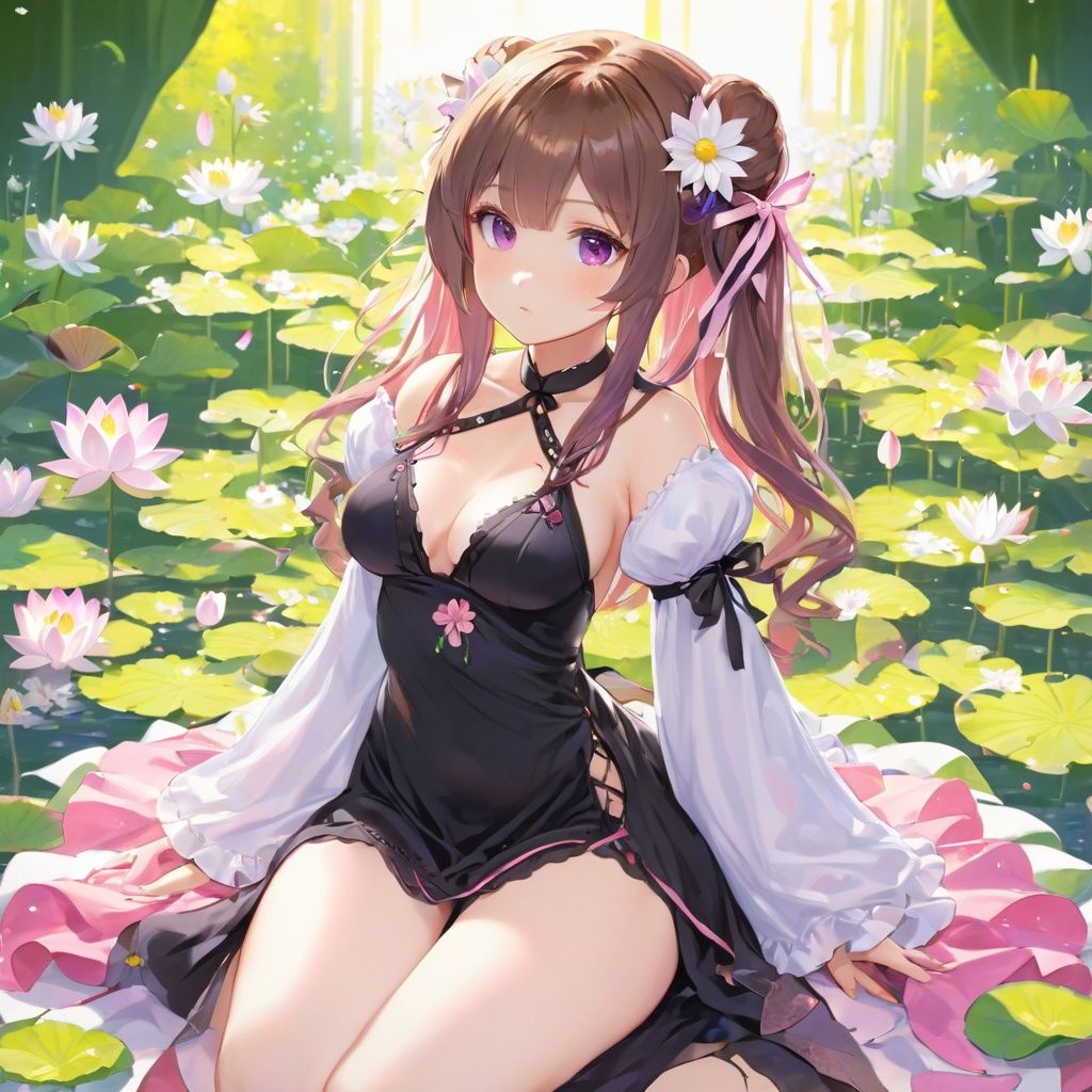 1girl, beads, black_dress, breasts, brown_hair, cross-laced_clothes, daisy, dress, floral_background, flower, flower_\(symbol\), gradient_hair, hijiri_byakuren, holding_flower, large_breasts, layered_dress, lily_\(flower\), lily_pad, long_hair, long_sleeves, looking_at_viewer, lotus, lying, multicolored_hair, on_back, petals, pink_flower, puffy_sleeves, purple_hair, ribbon, solo, thighs, white_dress, white_flower