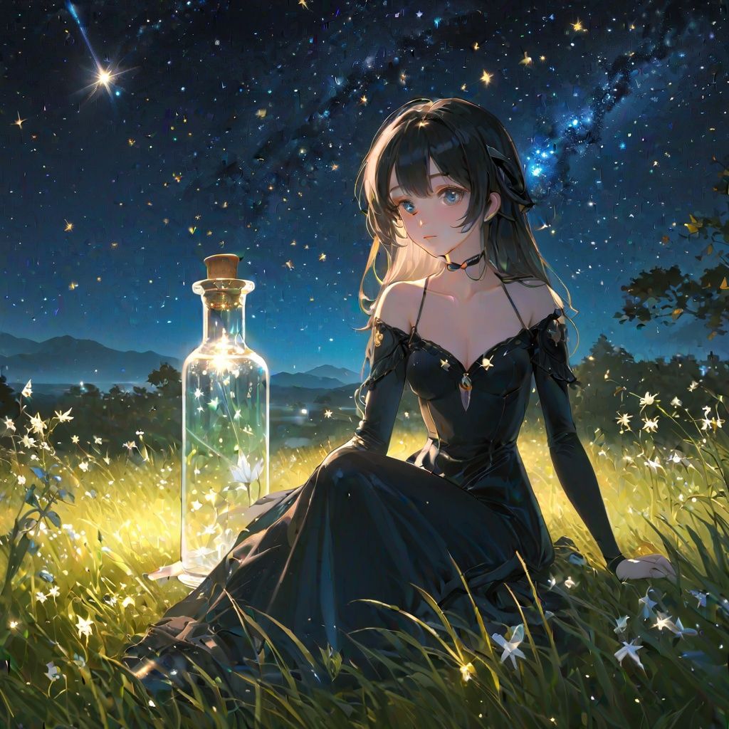 anime,(extremely detailed CG unity 8k wallpaper,masterpiece, best quality, ultra-detailed), (best illumination, best shadow, an extremely delicate and beautiful), dynamic angle, floating, finely detail, Depth of field (bloom), (shine), glinting stars, classic, (illustration),best starry sky,transparent, 1girl:1.75,long and write hair,detailed black eyes,medium breasts,witch, (girl sitting inside a long crystal bottle),bottle with stopper,water in bottle,grass background,nature
