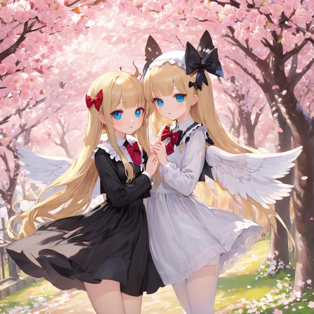 2girls, bangs, black_capelet, black_dress, black_headwear, blonde_hair, blue_eyes, bow, bowtie, branch, capelet, cherry_blossoms, day, dress, dual_persona, eyebrows_visible_through_hair, fairy_wings, falling_petals, feet_out_of_frame, flower, hair_between_eyes, hanami, hat, hat_bow, lily_black, lily_white, long_hair, long_sleeves, looking_at_viewer, multiple_girls, outdoors, pantyhose, parted_lips, petals, petals_on_liquid, pink_flower, red_bow, red_bowtie, rose_petals, sash, spring_\(season\), tree, white_capelet, white_dress, white_headwear, white_legwear, wings