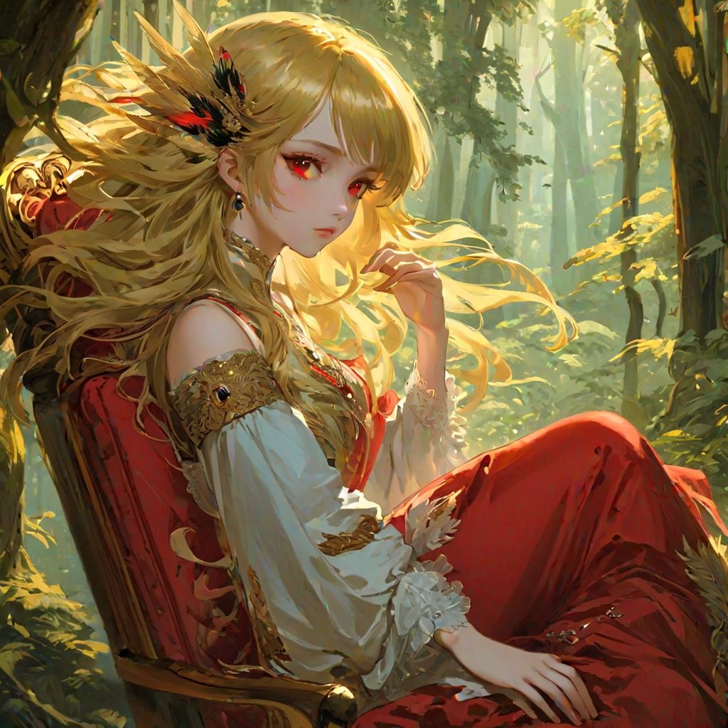 anime,Medium view, girl focus, a girl, sitting sideways on a luxurious chair, hand supporting chin, looking out of the camera, red eyes, detailed engraved picture part, delicate and beautiful face, exotic, mysterious forest, high detail red eyes, wind, wind blowing hair, windward, high detail hair, aristocratic clothing, fluff, golden feathers, epic, masterpiece, wooden, old, golden hair,1girl
