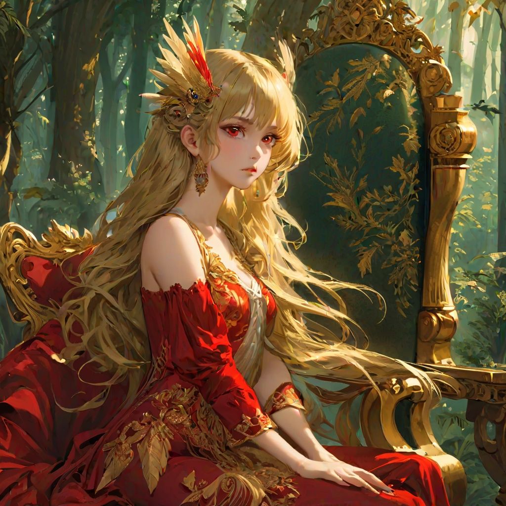 anime,Medium view, girl focus, a girl, sitting sideways on a luxurious chair, hand supporting chin, looking out of the camera, red eyes, detailed engraved picture part, delicate and beautiful face, exotic, mysterious forest, high detail red eyes, wind, wind blowing hair, windward, high detail hair, aristocratic clothing, fluff, golden feathers, epic, masterpiece, wooden, old, golden hair,1girl
