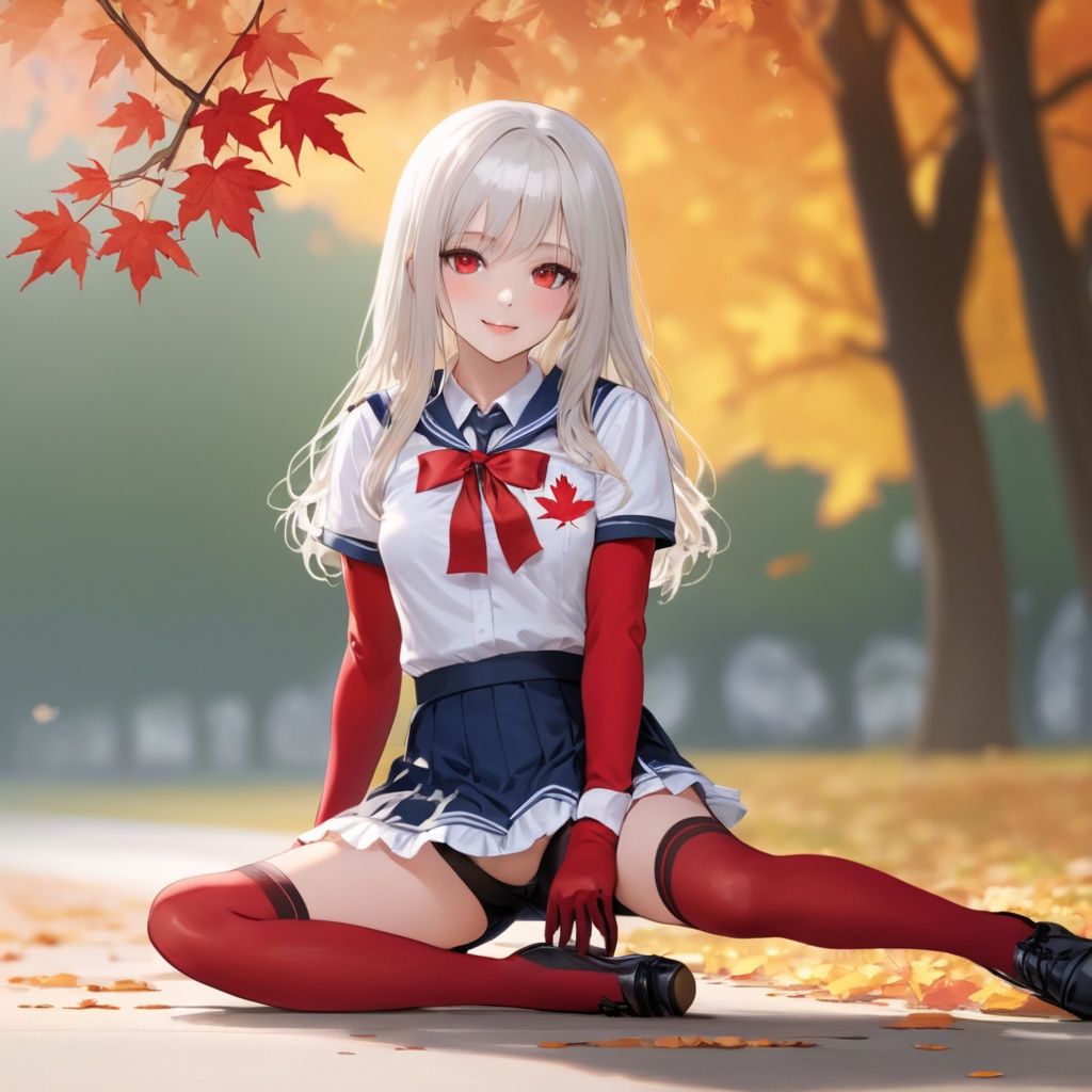 ((masterpiece)), ((best quality)), (ultra-detailed), (illustration), ((an extremely delicate and beautiful)), (full body),depthoffield,
(1girl),(solo),(red eyes),gradient eyes,long hair,platinum_hair,gradient hair,medium_breasts,light smile,
School uniform,(white_thighhighs),no shoe,slace-trimmed_gloves,
(hand on hip),(crossed legs),sitting,
maple leaf,wind 