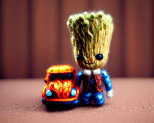 miniwool style of Groot in a car,  made of wool,  product photo on Tensor.Art