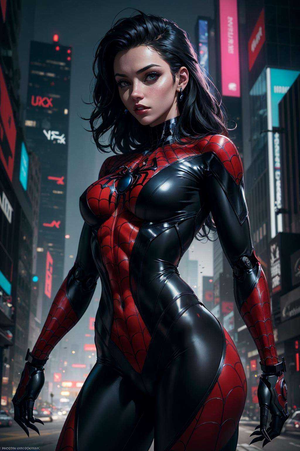 1girl in a black spider man costume 2099,  biomechanical,  complex robot on Tensor.Art