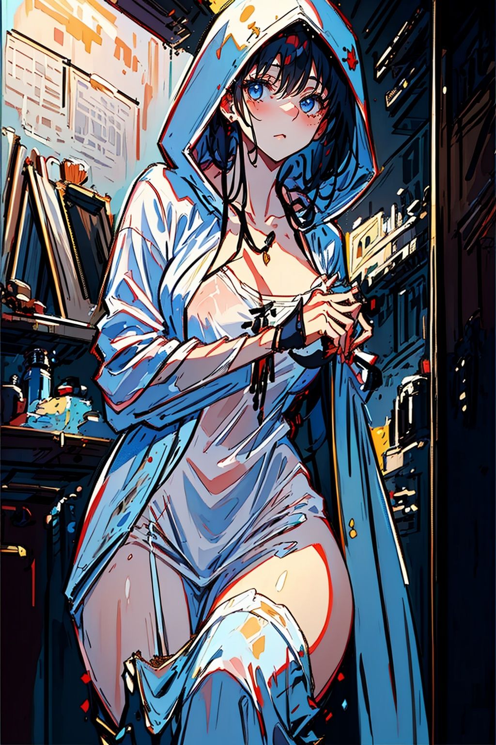 (((best quality,masterpiece))),1girl,white hooded robe,