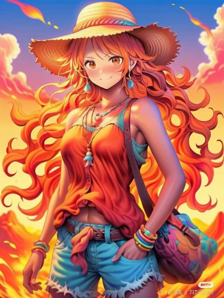 1girl, bag, bare_shoulders, bead_bracelet, beads, bracelet, breasts, brown_eyes, closed_mouth, cowboy_shot, earrings, fire, gradient, gradient_background, handbag, hat, jewelry, long_hair, looking_at_viewer, medium_breasts, orange_eyes, orange_hair, orange_sky, shirt, sleeveless, smile, solo, straw_hat, sun_hat, sunset, ****_top, wavy_hair