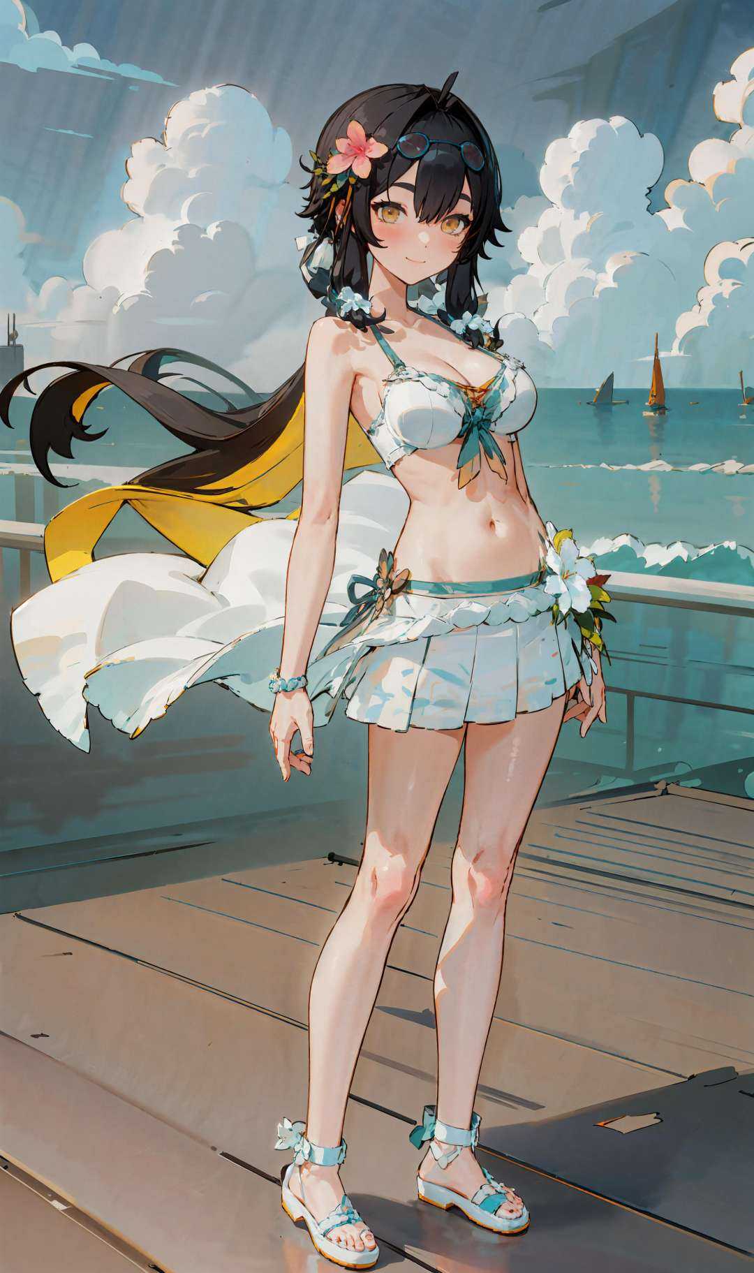 jinwu \(bikini\),1girl,solo,seaside,smile,looking at viewer,cloudy sky,standing,wood floor,<lora:jinwu202-ag0606:1>