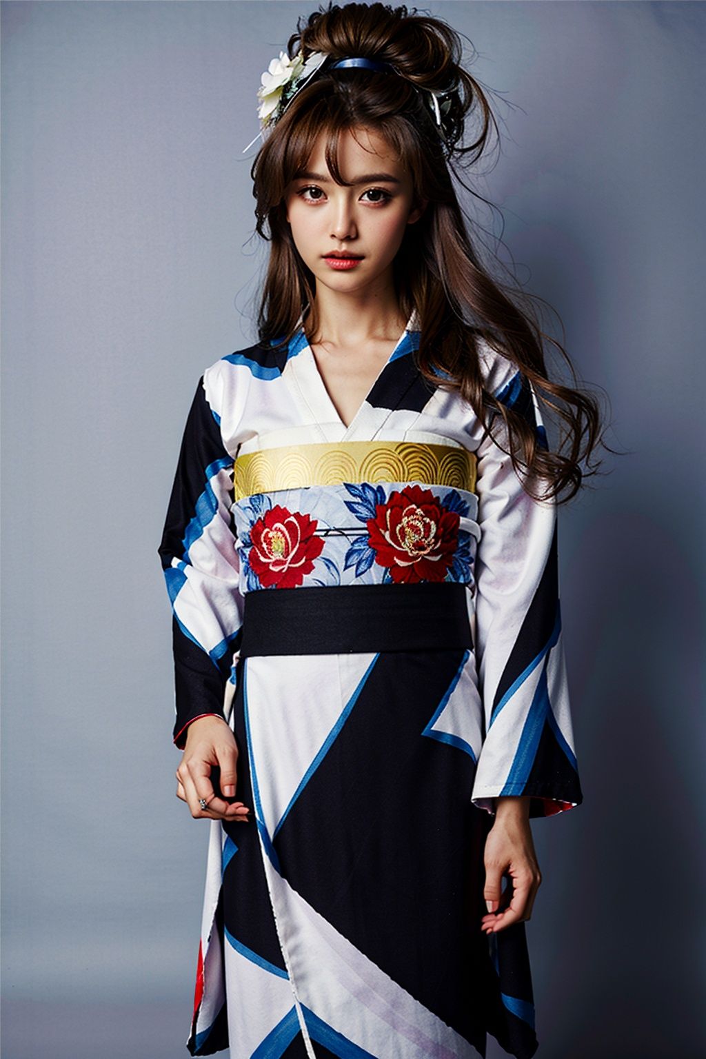 1girl,long hair,(((masterpiece, best quality))),(((flat-chested))),white blue yukata,yukata