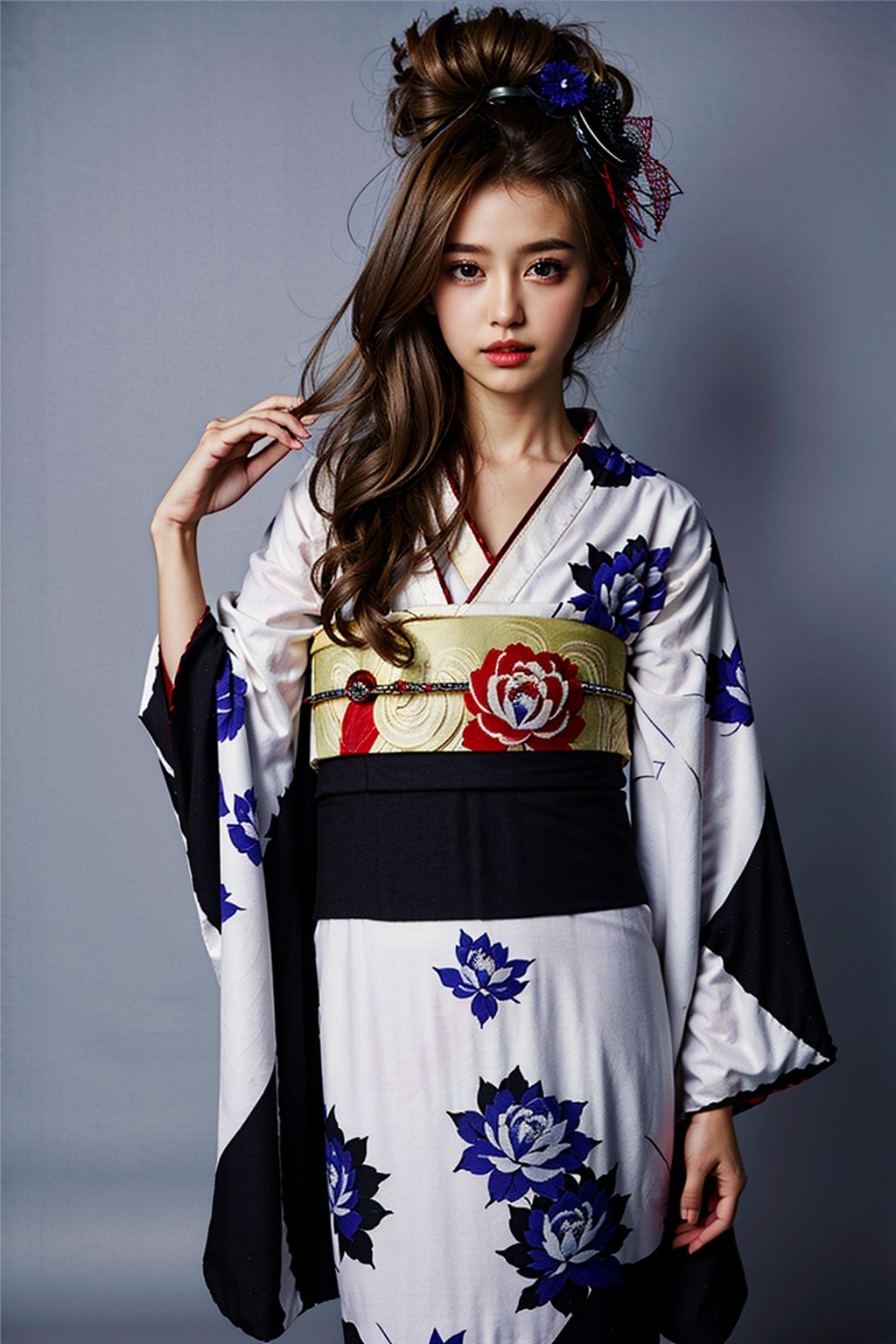 1girl,long hair,(((masterpiece, best quality))),(((flat-chested))),white blue yukata,yukata