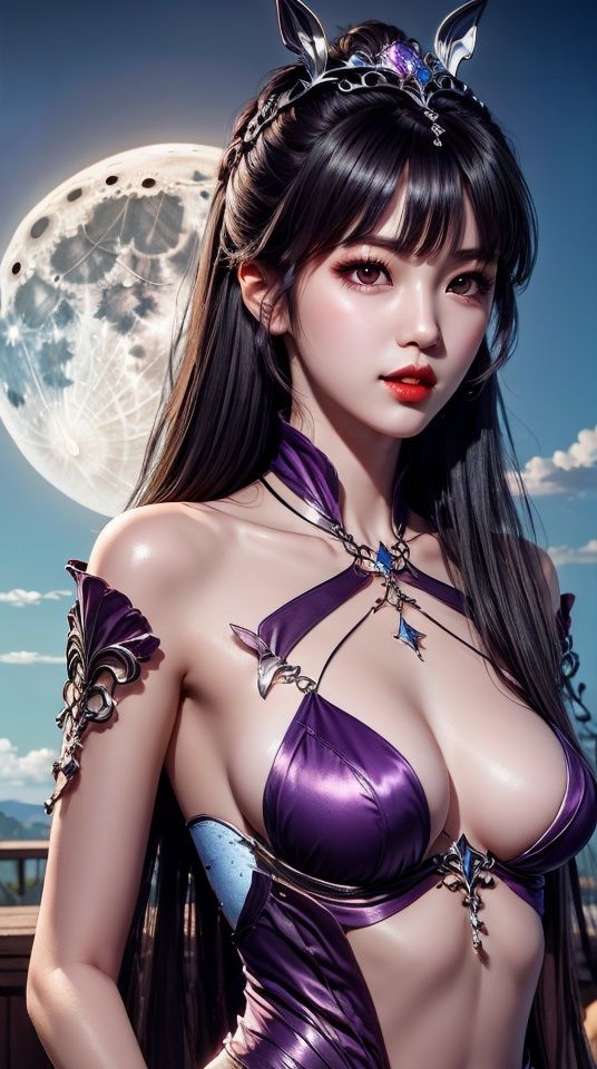 1girl, bare shoulders, black hair, breasts, full moon, lips, long hair, looking at viewer, medium breasts, purple hair, sky, solo, tiara,小舞, , 