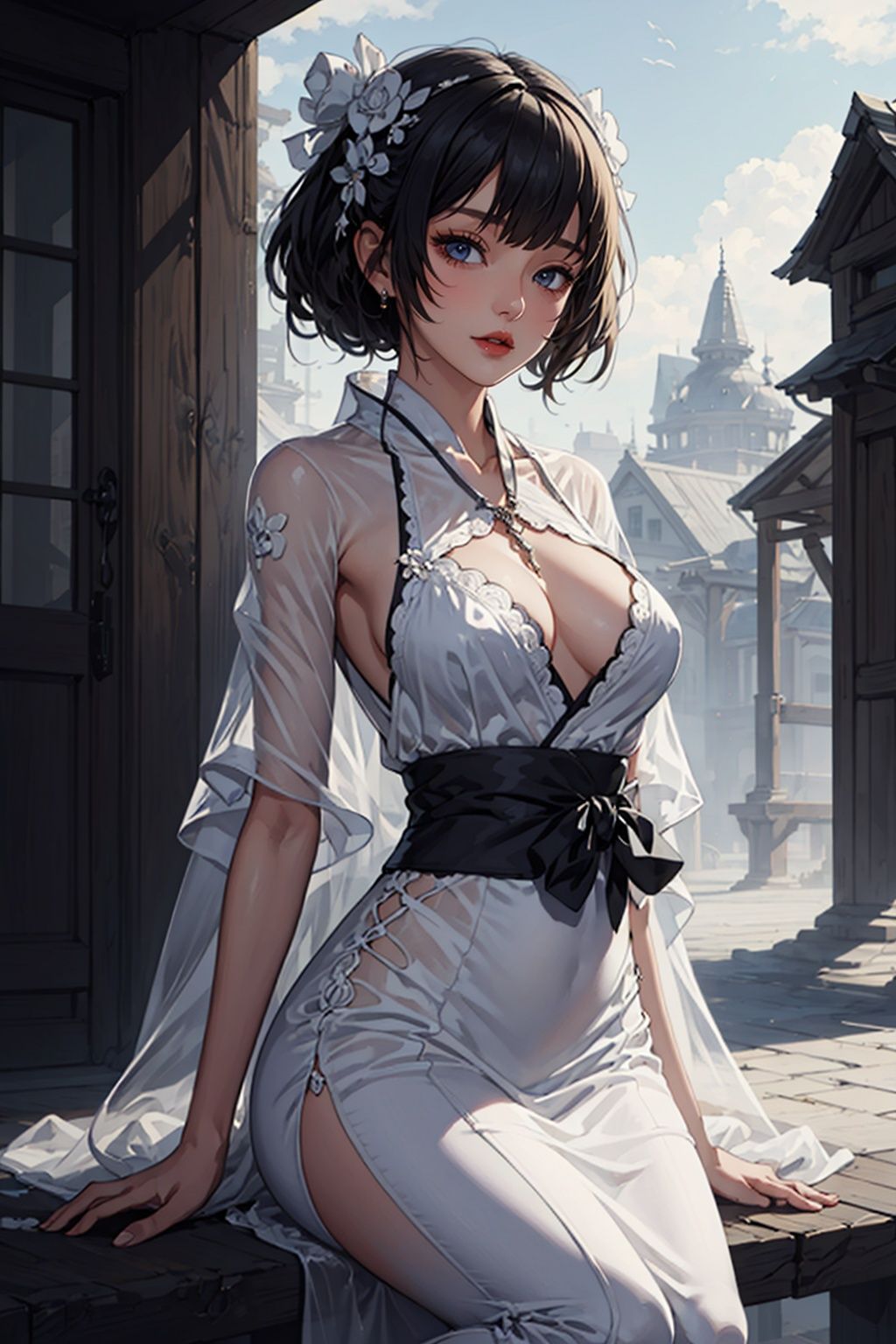 ,(((masterpiece,best quality))),((good structure,Good composition,good atomy)), ((clear, original,beautiful)),as,fantasy,(white theme:1.3),1girl,outdoors,dress,girl,solo,yukata,(see through:1.2),